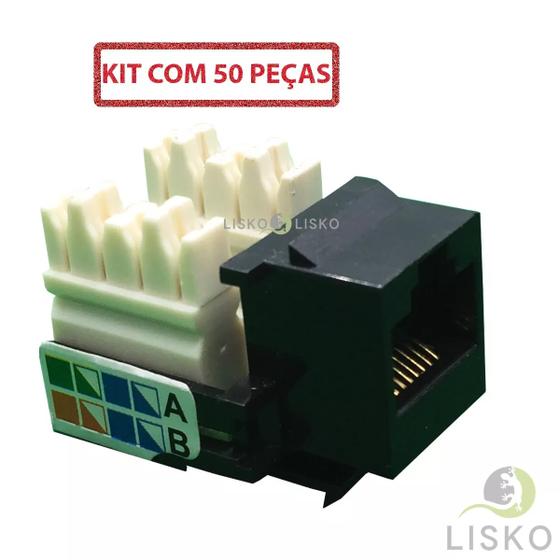 Imagem de Kit C/ 50 Conector Fêmea Rj45 Keystone Cat5e Preto