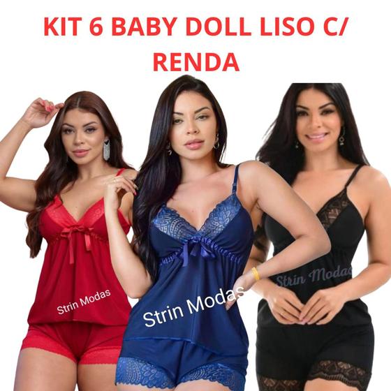 Imagem de KIT c/ 6 Baby Doll Liso Com Renda JR