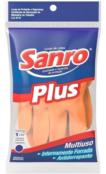 Imagem de Kit c/ 6 Luva Latex Forrada Sanro Plus Laranja Multiuso G