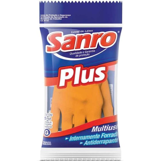Imagem de Kit c/ 6 Luva Latex Forrada Sanro Plus Laranja Multiuso G