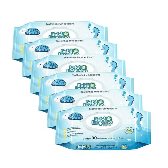 Imagem de Kit c/ 6 Pacotes de Lenço Toalhas Umedecidas Aloe Vera Bebê Limpinho Premium c/ 90un