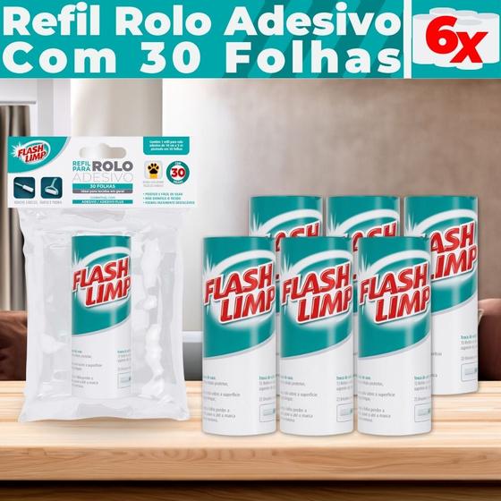 Imagem de Kit C/ 6 Refis Rolo Adesivo Tira Pelos FlashLimp - 30 Folhas