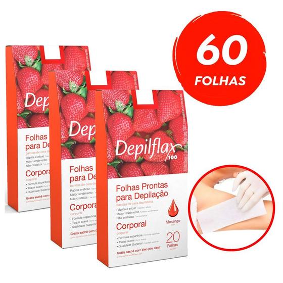 Imagem de Kit c/ 60 Folhas Prontas Depilação Corporal Depilflax Morango 3cx c/ 20un