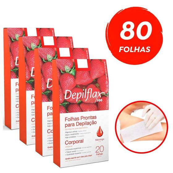 Imagem de Kit c/ 80 Folhas Prontas Depilação Corporal Depilflax Morango 4cx c/ 20un