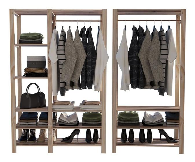 Kit C/ Armário Duplo Pinus De Madeira Com Arara Simples Closet Menor preço em Kit C/ Armário Duplo Pinus De Madeira Com Arara Simples Closet