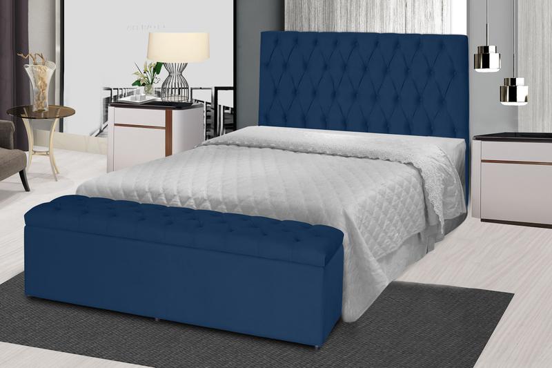 Imagem de Kit Cabeceira 138Cm p/ Cama Box Casal + Baú 138Cm Calçadeira Estofada Jade Suede Azul Marinho