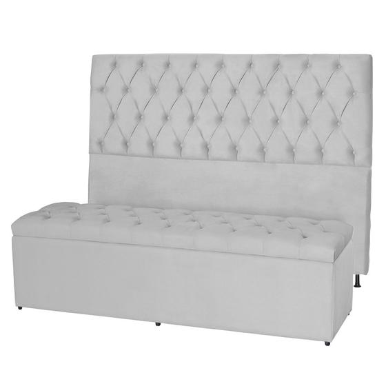 Imagem de Kit Cabeceira 138Cm p/ Cama Box Casal + Baú 138Cm Calçadeira Estofada Jade Suede Branco