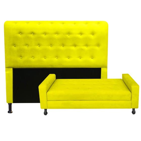 Imagem de Kit Cabeceira Brenda com Recamier Felix 1,00 cm Solteiro Baú Quarto Sala material sintético Amarelo - Damaffe Móveis