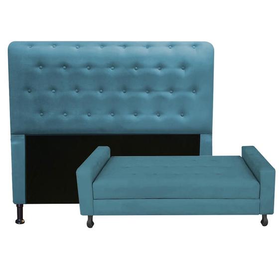 Imagem de Kit Cabeceira Brenda com Recamier Felix 1,00 cm Solteiro Baú Quarto Sala material sintético Azul Turquesa - Damaffe Móveis