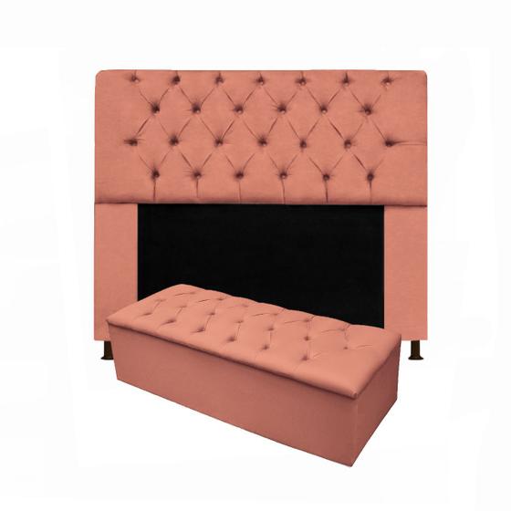 Imagem de Kit Cabeceira + Calçadeira Baú Mirage Queen 160cm Suede Coral - DL Decor