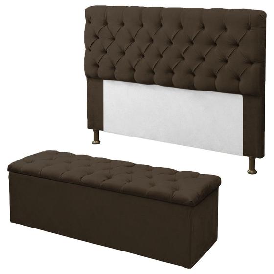 Imagem de Kit Cabeceira + Calçadeira Baú Sofia Queen 160cm material sintético Marrom - LM DECOR