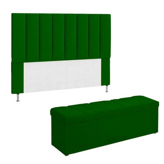 Imagem de Kit Cabeceira + Calçadeira Cama Casal 140 Cm Carla Veludo Verde - Kimi Design