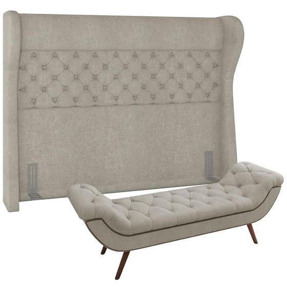 Imagem de Kit Cabeceira Cama Box Casal 140 cm Madrid com Puff Recamier Santorini P05 Bouclê Creme - Lyam Decor