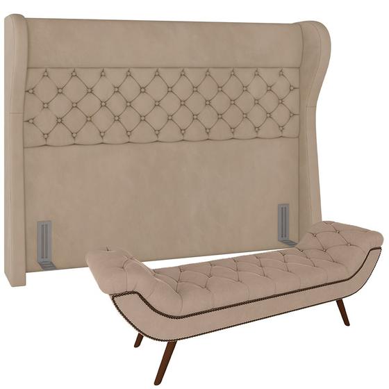 Imagem de Kit Cabeceira Cama Box Casal 140 cm Madrid com Puff Recamier Santorini Veludo Bege - Lyam Decor