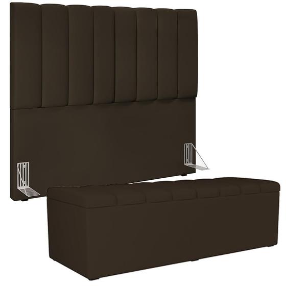 Imagem de Kit Cabeceira Cama Box Casal 140cm Com Calçadeira Recamier Baú Dália W01 Suede Marrom - Lyam Decor