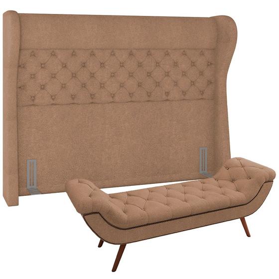 Imagem de Kit Cabeceira Cama Box Casal 160 cm Madrid com Puff Recamier Santorini P05 Bouclê Bege - Lyam Decor