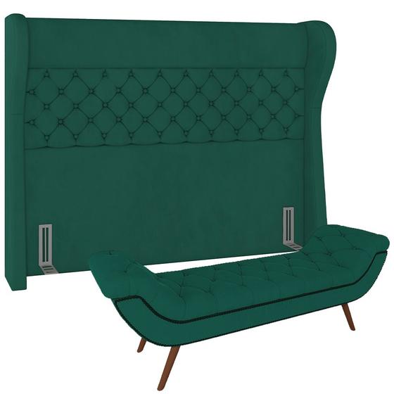 Imagem de Kit Cabeceira Cama Box Casal 160 cm Madrid com Puff Recamier Santorini P05 Veludo Verde - Lyam Decor