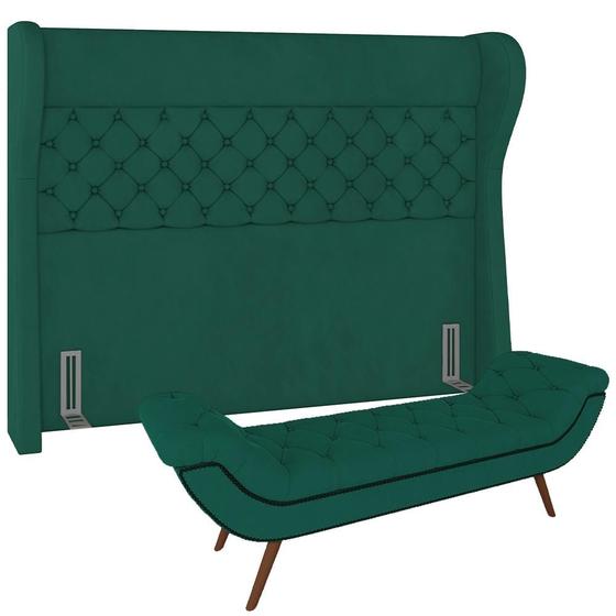 Imagem de Kit Cabeceira Cama Box Casal 195 cm Madrid com Puff Recamier Santorini Veludo Verde - Lyam Decor