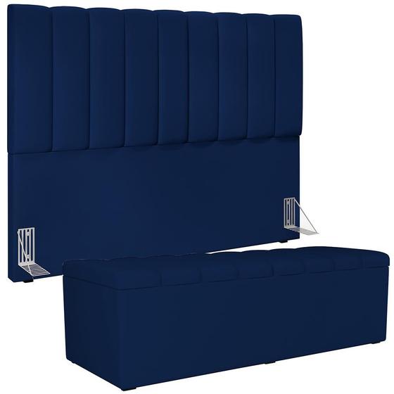 Imagem de Kit Cabeceira Cama Box Casal King 195cm com Calçadeira Baú Dália W01 Facto Azul Marinho - Lyam