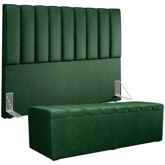 Imagem de Kit Cabeceira Cama Box Casal King 195cm com Calçadeira Baú Dália W01 material sintético Verde Musgo - Lyam