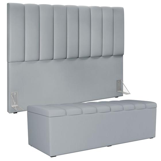 Imagem de Kit Cabeceira Cama Box Casal King 195cm com Calçadeira Baú Dália W01 Suede Cinza - Lyam