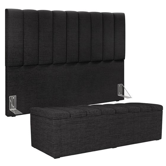 Imagem de Kit Cabeceira Cama Box Casal Queen 160cm Com Calçadeira Baú Dália W01 Linho Chumbo - Lyam Decor