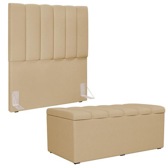 Imagem de Kit Cabeceira Cama Box Solteiro 100cm Com Calçadeira Baú Dália W01 Linho Bege Escuro - Lyam Decor