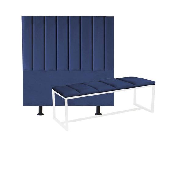 Imagem de Kit Cabeceira Carla e Calçadeira Industrial 100cm Solteiro Box Ferro Branco Suede Azul Marinho - Ahazzo Móveis