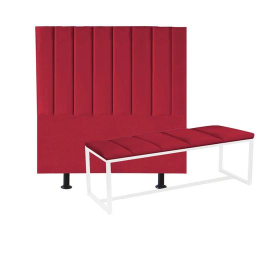 Imagem de Kit Cabeceira Carla e Calçadeira Industrial 100cm Solteiro Box Ferro Branco Suede Vermelho - Ahz Móveis