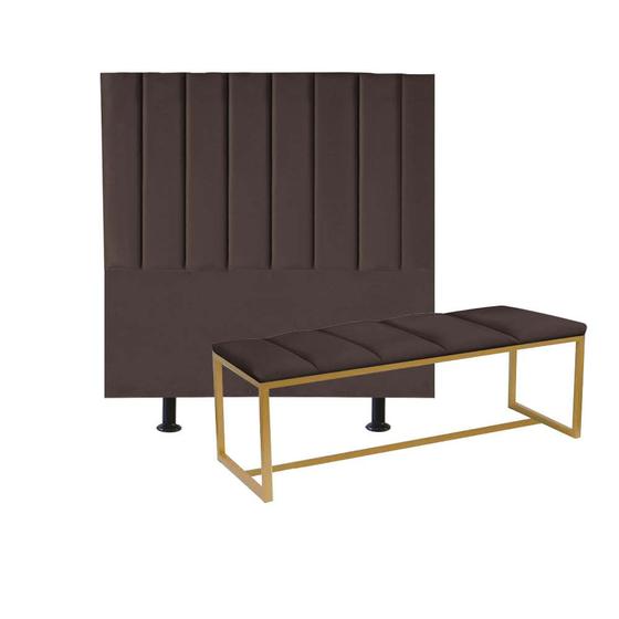 Imagem de Kit Cabeceira Carla e Calçadeira Industrial 140cm Casal Box Ferro Dourado Suede Marrom - Ahz Móveis