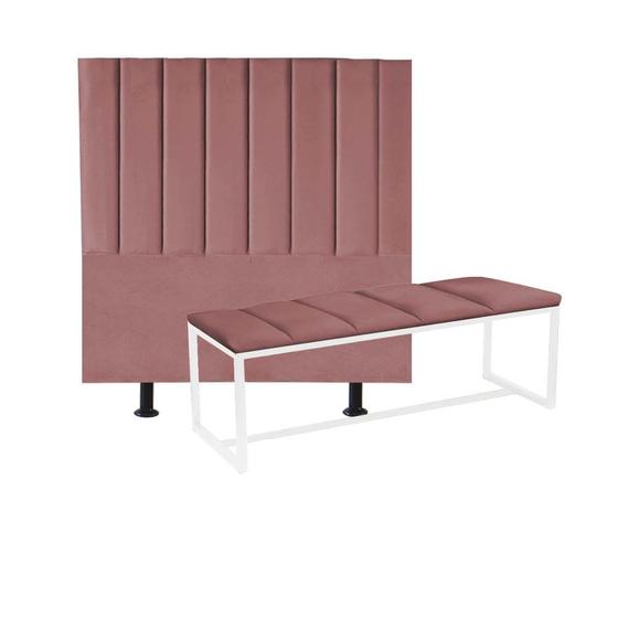 Imagem de Kit Cabeceira Carla e Calçadeira Industrial 160cm Queen Size Box Ferro Branco Suede Rose - Ahazzo Móveis