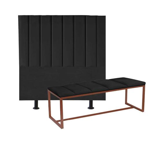 Imagem de Kit Cabeceira Carla e Calçadeira Industrial 160cm Queen Size Box Ferro Bronze material sintético Preto - Ahz Móveis