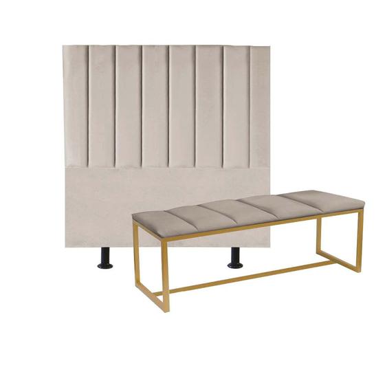 Imagem de Kit Cabeceira Carla e Calçadeira Industrial 160cm Queen Size Box Ferro Dourado material sintético Bege - Ahz Móveis