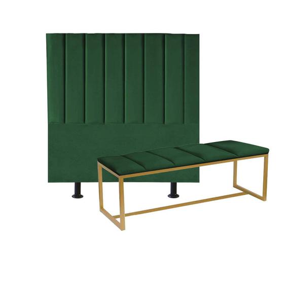 Imagem de Kit Cabeceira Carla e Calçadeira Industrial 160cm Queen Size Box Ferro Dourado Suede Verde - Ahz Móveis