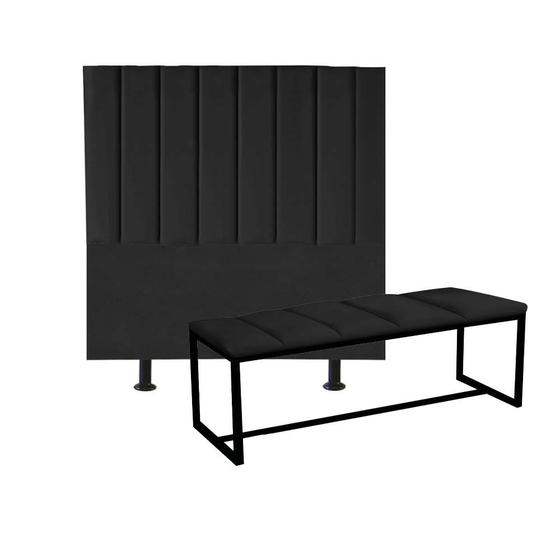 Imagem de Kit Cabeceira Carla e Calçadeira Industrial 160cm Queen Size Box Ferro Preto material sintético Preto - Ahz Móveis