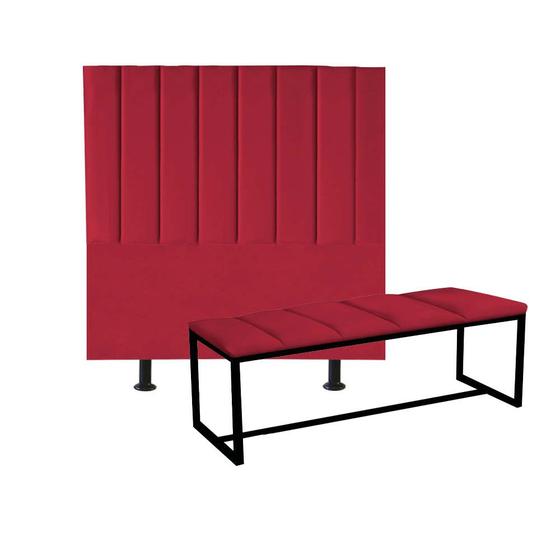 Imagem de Kit Cabeceira Carla e Calçadeira Industrial 160cm Queen Size Box Ferro Preto Suede Vermelho - Ahz Móveis