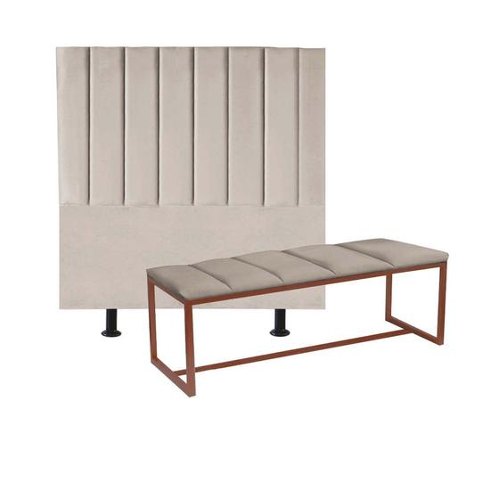 Imagem de Kit Cabeceira Carla e Calçadeira Industrial 195cm King Size Box Ferro Bronze Sintético Bege - Ahz Móveis