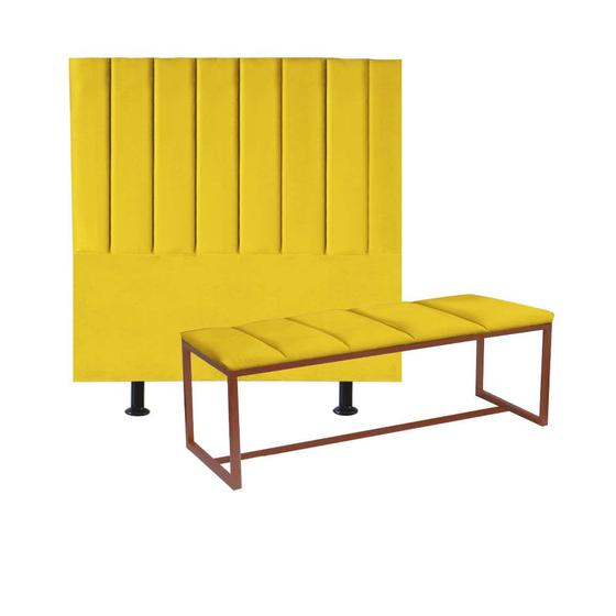 Imagem de Kit Cabeceira Carla e Calçadeira Industrial 195cm King Size Box Ferro Bronze Suede Amarelo - Ahz Móveis