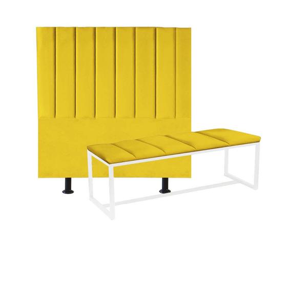 Imagem de Kit Cabeceira Carla e Calçadeira Industrial 90cm Solteiro Box Ferro Branco Sintético Amarelo - Ahazzo Móveis