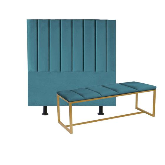 Imagem de Kit Cabeceira Carla e Recamier Industrial 195cm King Size Box Ferro Dourado Suede Azul Turquesa - Ahz Móveis