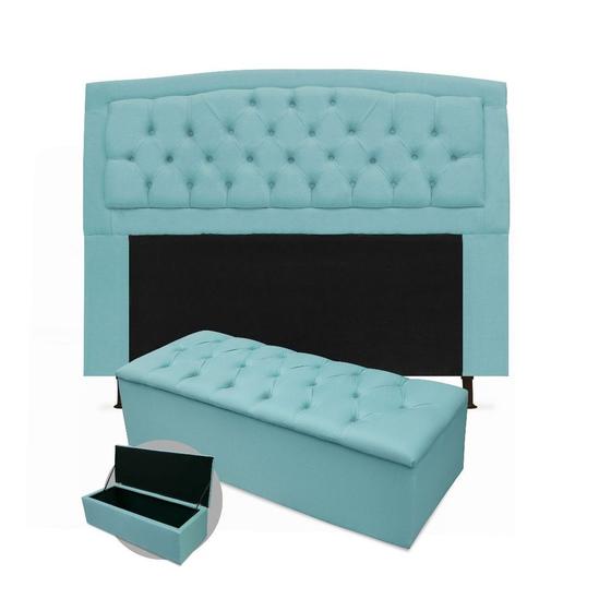 Imagem de Kit Cabeceira Casal Geovana 140 cm Mais Calçadeira 140 cm Suede Azul Turquesa