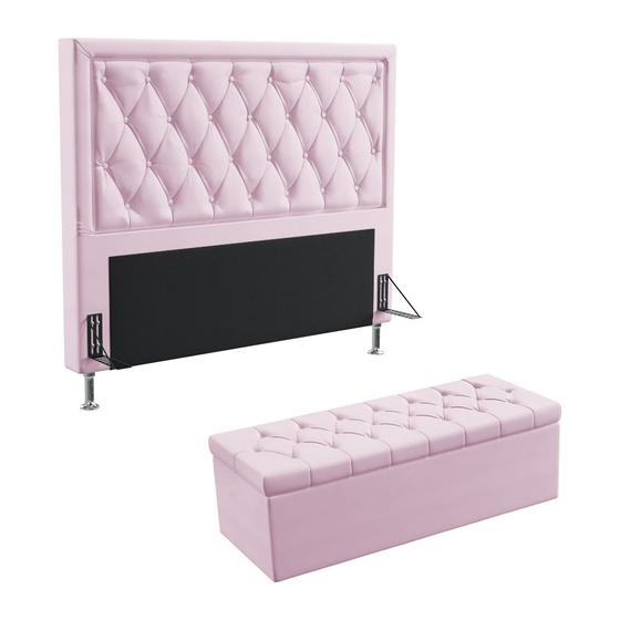 Imagem de Kit Cabeceira Centaurus 140 Modulada Estofada e Calçadeira Sagitarius Z-021 Sued Rosa Bebê Aradecor