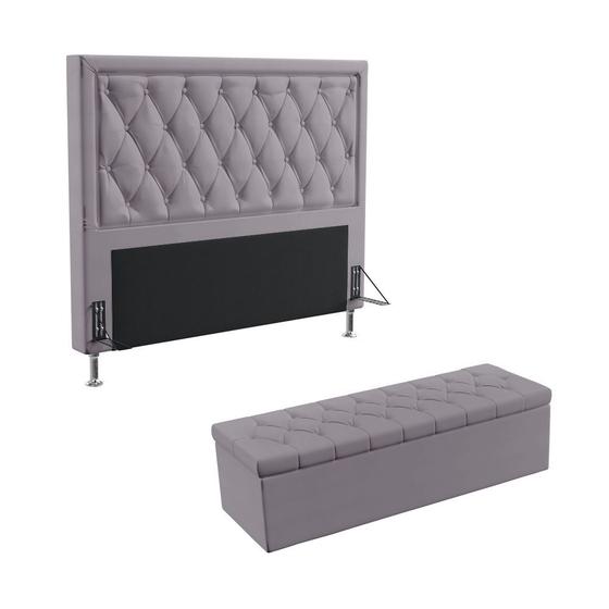 Imagem de Kit Cabeceira Centaurus 195 Para Cama Box King e Calçadeira Sagitarius N-023 Veludo Cinza Claro Aradecor