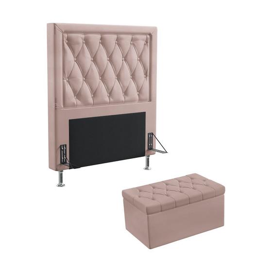 Imagem de Kit Cabeceira Centaurus 90 Modulada Estofada e Calçadeira Sagitarius N-031 Veludo Rosê Claro Aradecor