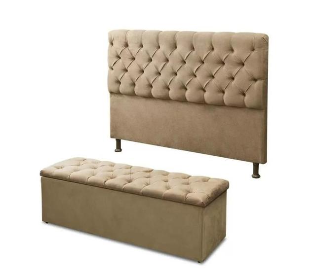 Imagem de Kit Cabeceira com Baú Mirage Capitonê 195 cm Suede Bege - Biselo's Decor