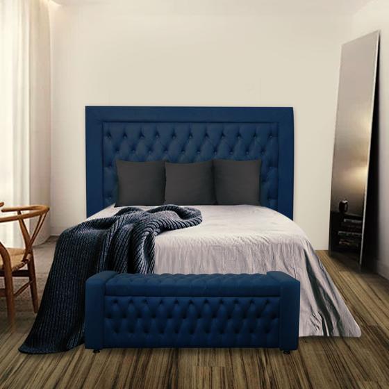 Imagem de KIT Cabeceira COM Calçadeira Com baú elegance Casal 160 cm Para Cama Suede azul marinho  Biselos-Decor