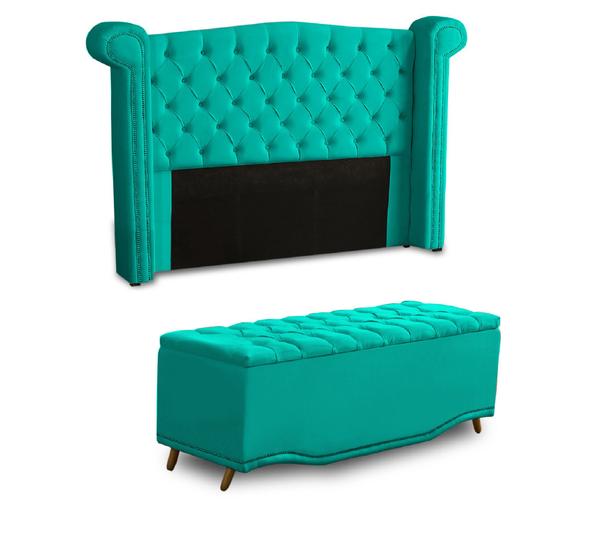 Imagem de KIT + Cabeceira Com Recamier Baú Dunas Princesa em captonê 1,40 Casal Cama Box Azul Tiffany Veludo Dalaqua-Decor