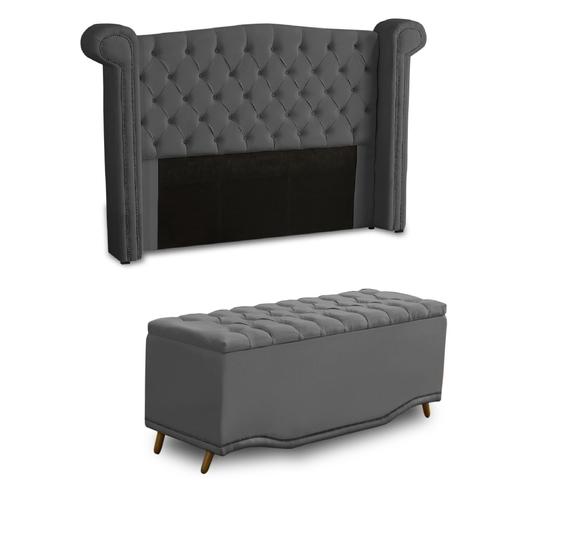 Imagem de KIT + Cabeceira Com Recamier Baú Dunas Princesa em captonê 1,60 Casal Cama Box Cinza Veludo Dalaqua-Decor