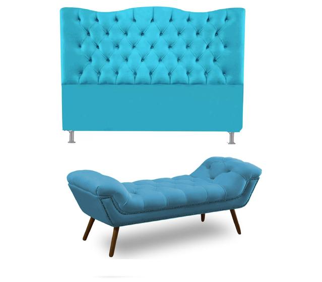 Imagem de KIT + Cabeceira Com Recamier  Gabriela em captonê 1,95 Casal Cama Box Azul Turquesa veludo Dalaqua-Decor