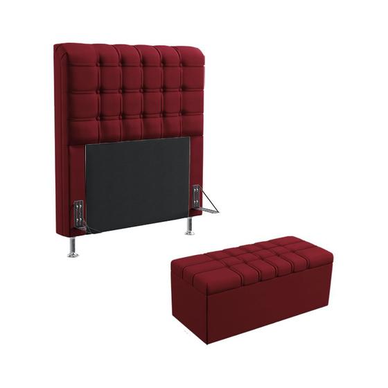 Imagem de Kit Cabeceira Dama 90 Solteiro Decorativa e Calçadeira Alpha N-033 Veludo Vermelho Aradecor